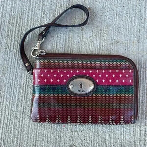 Fossil KeyPer. Geometric Coated Canvas Wristlet With Brown Leather Trim 6 x 4